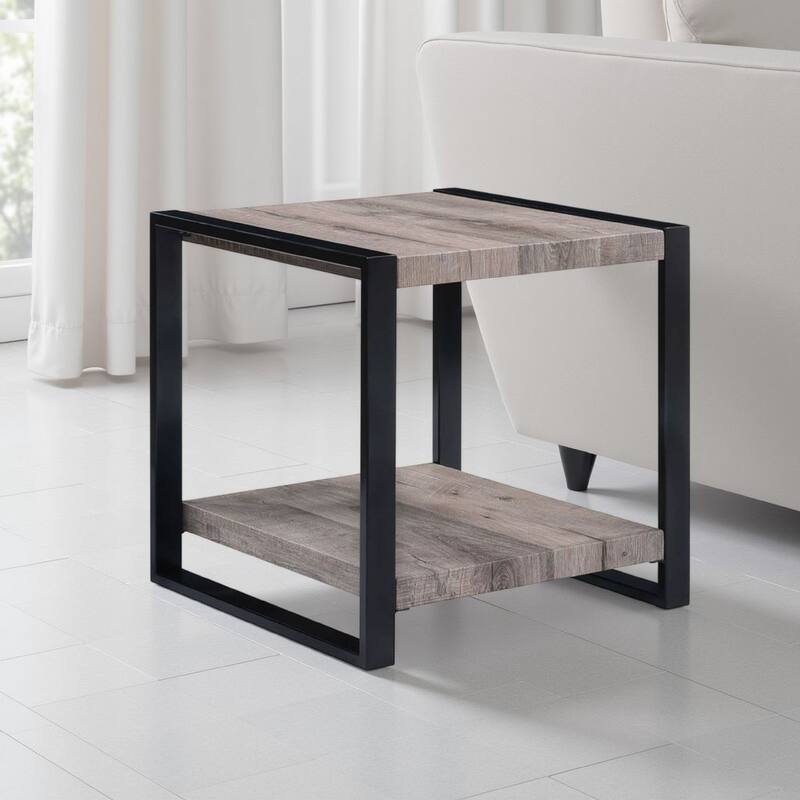 Mils Side End Table, 24 Inch, Gray Square Wood Top, Black Metal Legs