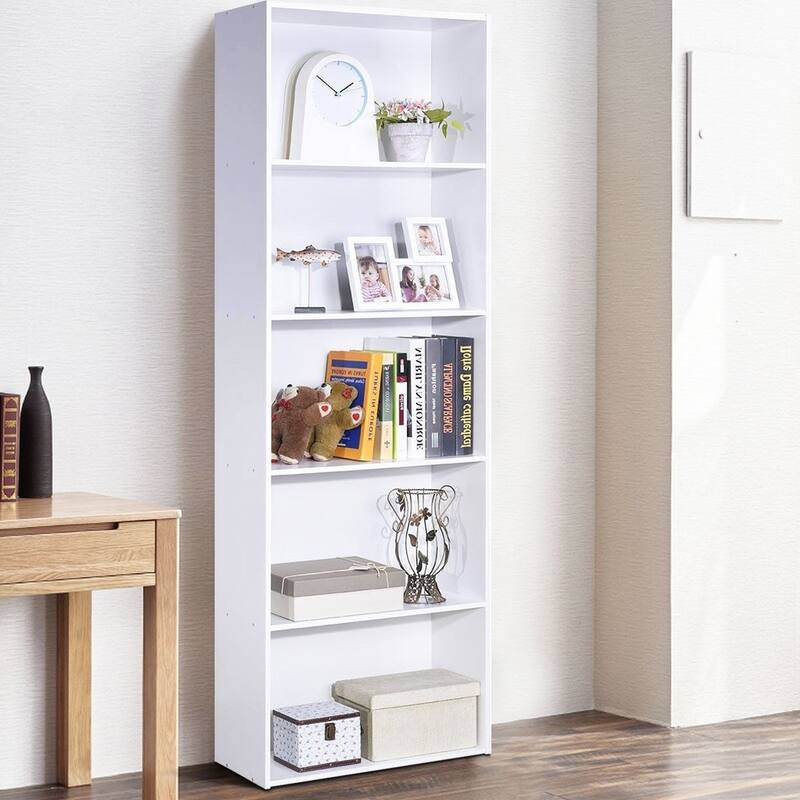 Modern 5-Tier Bookcase Storage Shelf in White Wood Finish - 23.5" x 9.5" x 67" ( L x W x H )