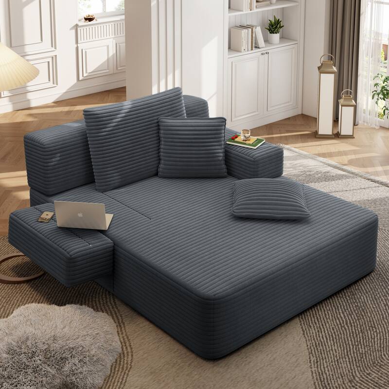 Luxurious Plush Corduroy Chaise Lounge Convertible Sofa Bed with Storage Pocket and Wide Armrests