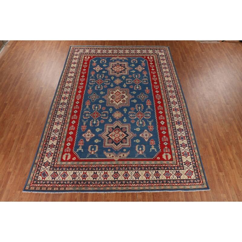 Blue Geometric Kazak Large Area Rug Hand-Knotted Wool Carpet - 9'9" x 13'2"