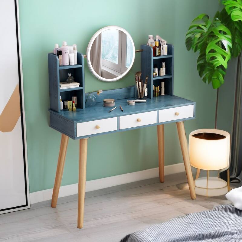 Makeup Vanity Desk with Mirror and Lights, Cute Vanity Makeup Table, 3 Drawers , 3 Lighting Modes - Blue