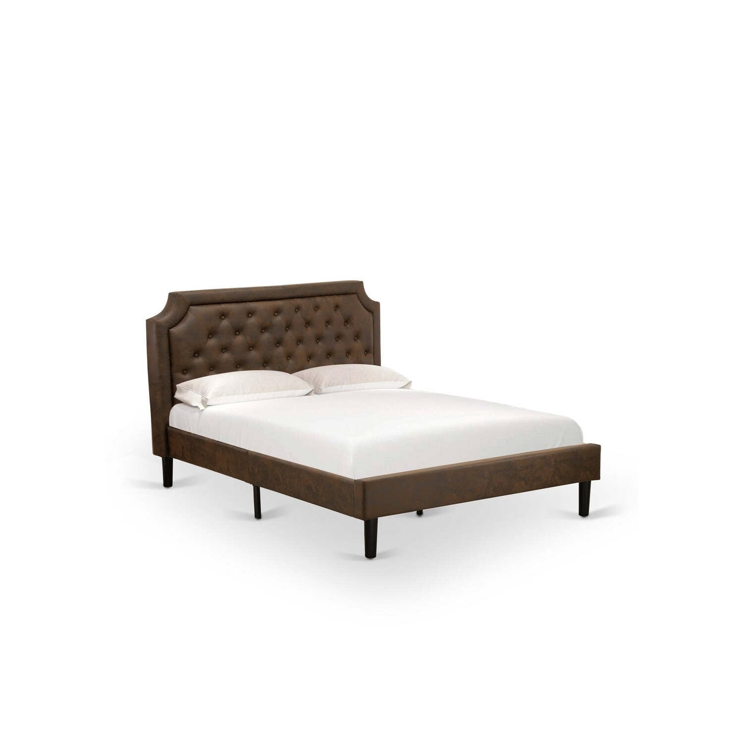 Queen Size Bed Frame - Upholstered Headboard, Wood Rails & Slats - Black Finish