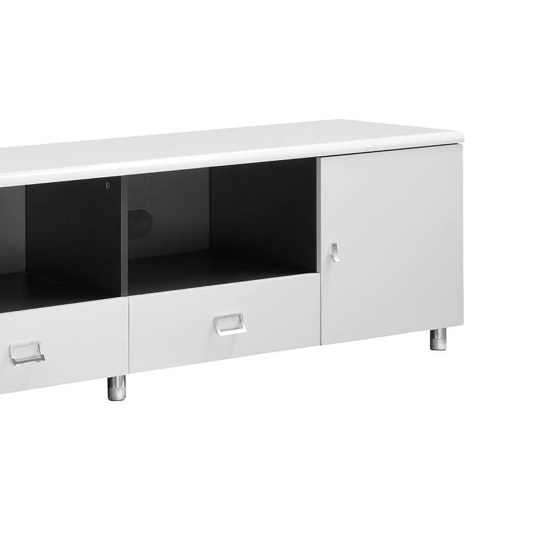 Modern Glossy White & Grey TV Stand, 71-Inch, 2 Drawers & Cabinets, Chrome Hardware, Storage Solution