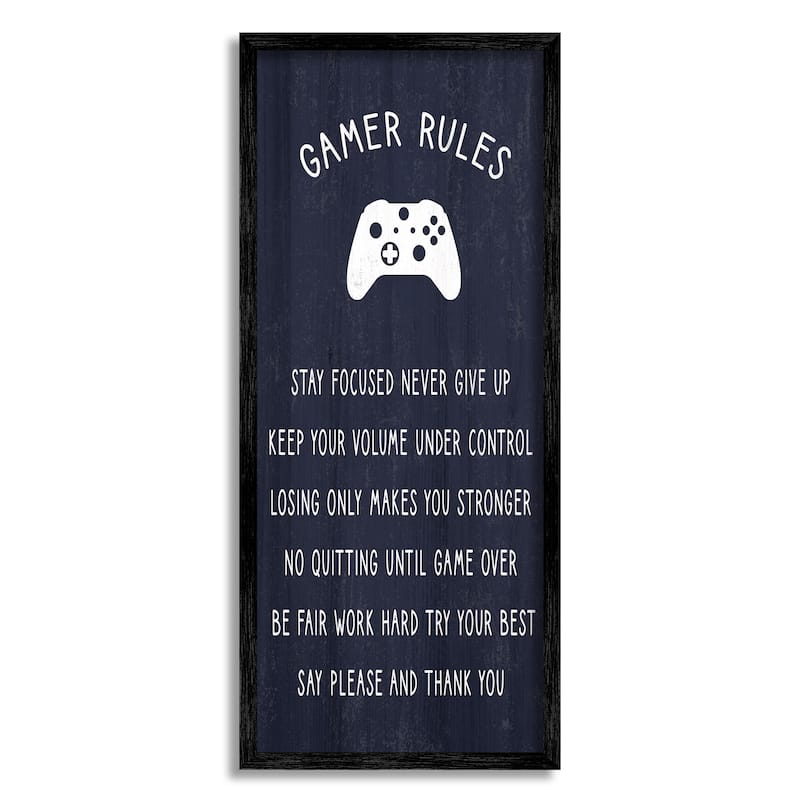 Stupell Blue Gamer Rules Motivational Phrases for Children Framed Wall Art