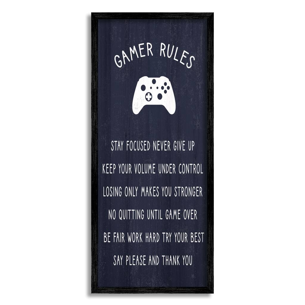 Stupell Blue Gamer Rules Motivational Phrases for Children Framed Wall Art