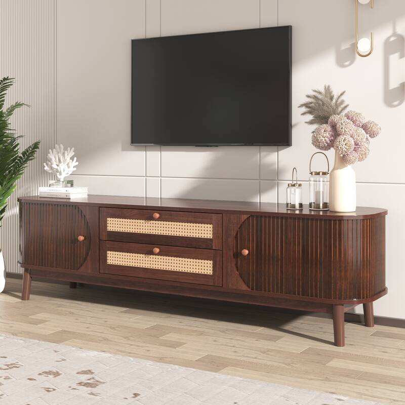 Rattan TV Stand Console Table with Storage Cabinets for TVs up to 75'' - 66.93" x 15.55" x 18.11"