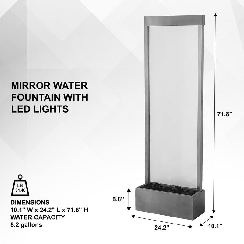 XBrand 72" Steel/Glass Free-Standing Waterfall Fountain w/ Pump, LED Lights and Rocks