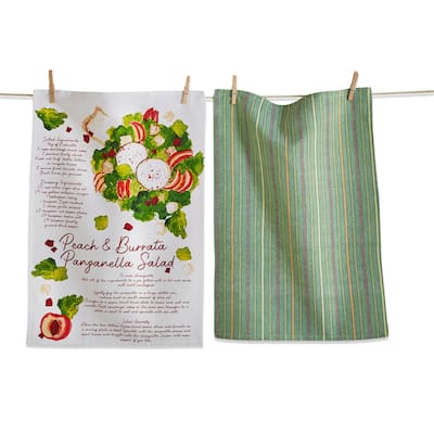 Set of 2 Panzella Salad Recipe Green Stripe Cotton Kitchen Dishtowels 26L x 18W in.