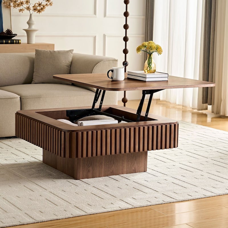 Rustic Drum Coffee Table Square Side Table with Lift Top, Walnut Sofa Table End Table for Living Room - Walnut