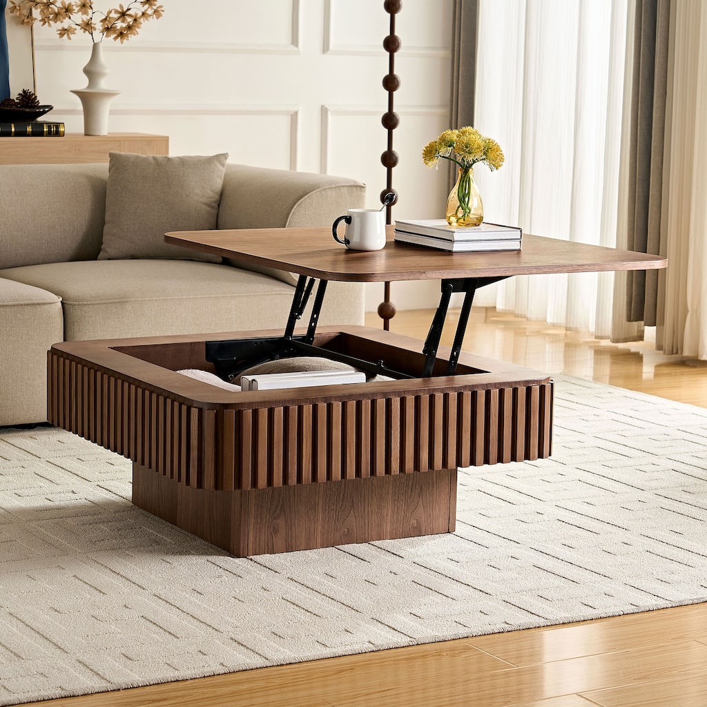 Rustic Drum Coffee Table Square Side Table with Lift Top, Walnut Sofa Table End Table for Living Room