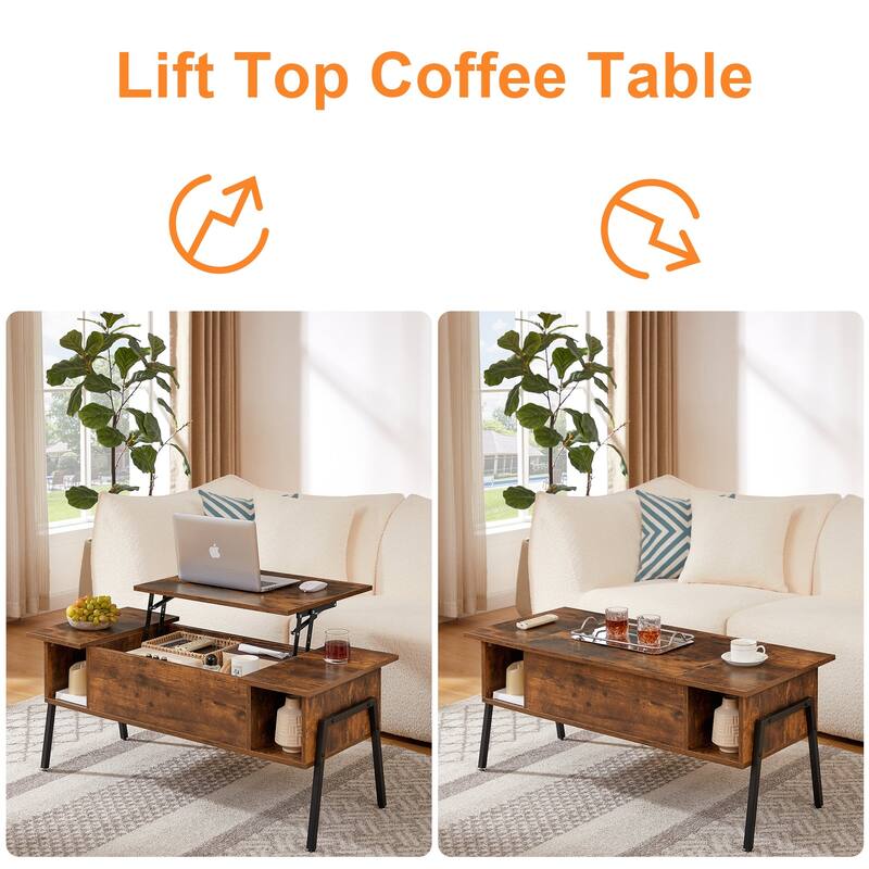 VECELO Modern Lift Top Coffee Table with Hidden Storage 2 Side Shelves Space-Saving Design for Living Room