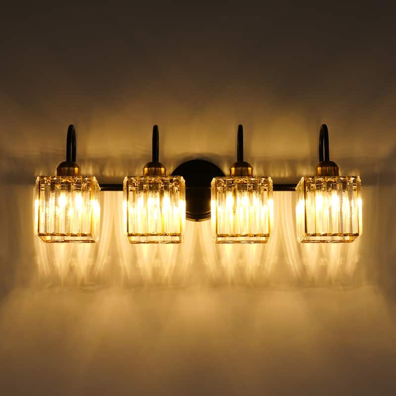 3/4-Light Mid-Century Modern Black and Gold Bathroom Vanity Light Cylinder Crystal Wall Sconces Lighting