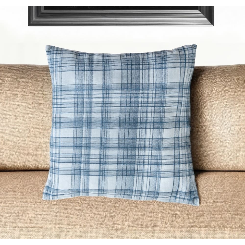 HomeRoots 20" Blue Check Cotton Blend Throw Pillow With Embroidery