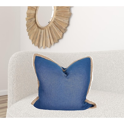 HomeRoots 24" X 24" Blue and Brown Polyester Zippered Pillow with Jute Trim