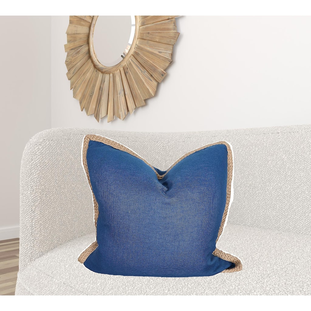 HomeRoots 24" X 24" Blue and Brown Polyester Zippered Pillow with Jute Trim