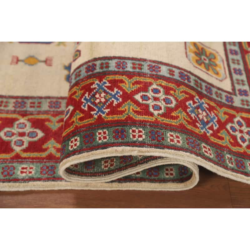 Beige Geometric Kazak Area Rug Hand-Knotted Wool Carpet - 4'2" x 5'9"