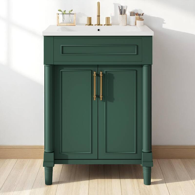 24" Bathroom Vanity with Ceramic Sink - Compact Cabinet with 2 Doors, Adjustable Shelf, Solid Wood Frame, Soft-Close Hinges - Green - 24" Solid Wood+MDF