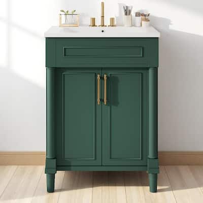 24" Bathroom Vanity with Ceramic Sink - Compact Cabinet with 2 Doors, Adjustable Shelf, Solid Wood Frame, Soft-Close Hinges