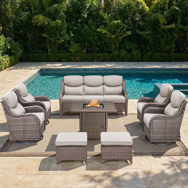 Pocassy Outdoor Propane Fire Table w/ Sofa Swivel Chair Ottoman Funiture Set. - Brown Wicker Beige Cushion - 8-Piece Sofa Swivel Chair Ottoman w/ Fie Table