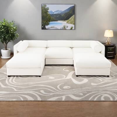 109" U-Shaped 3-Seater Chenille Sofa with Ottoman and Hidden Storage(Cylindrical Backrest Design)