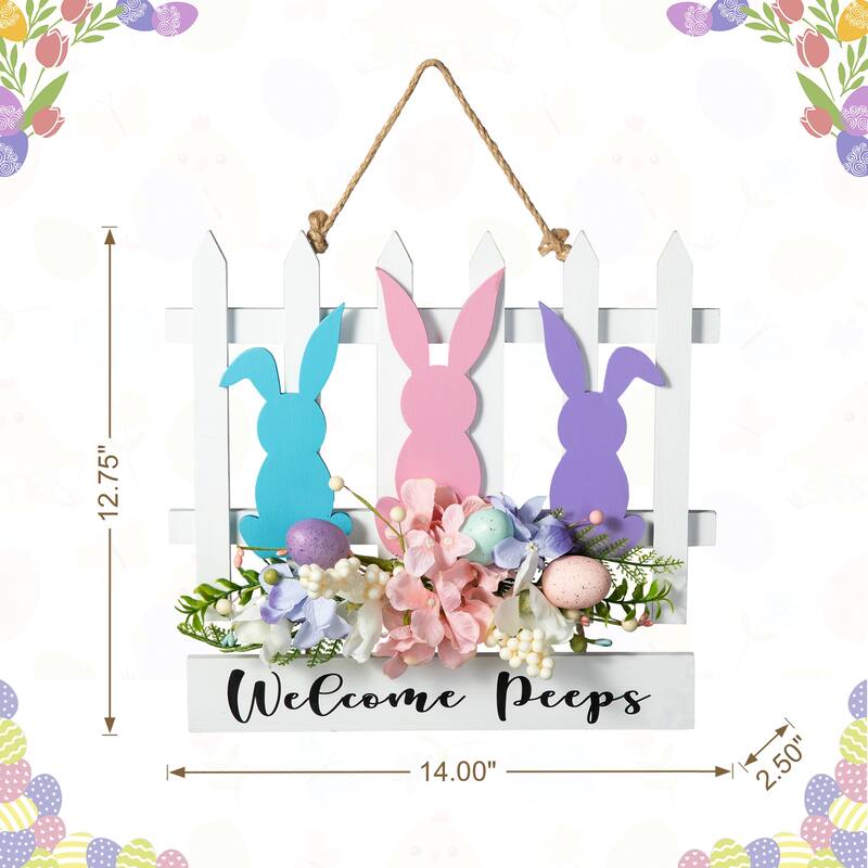 Glitzhome Easter Wooden Cute Bunny Eggs/Fence Door Hanger Wall Decor Spring Gift