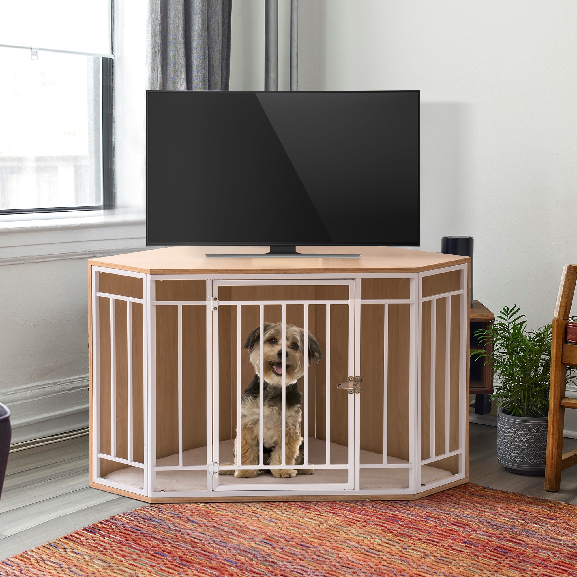 Corner Wood Dog Crate with Cushion for Indoor Use Bed Bath