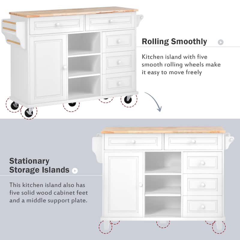 Kitchen Island with on Locking Wheels, Rolling Cart with Rubber Wood Desktop, Mobile Island with 3 Open Shelves & 5 Drawers