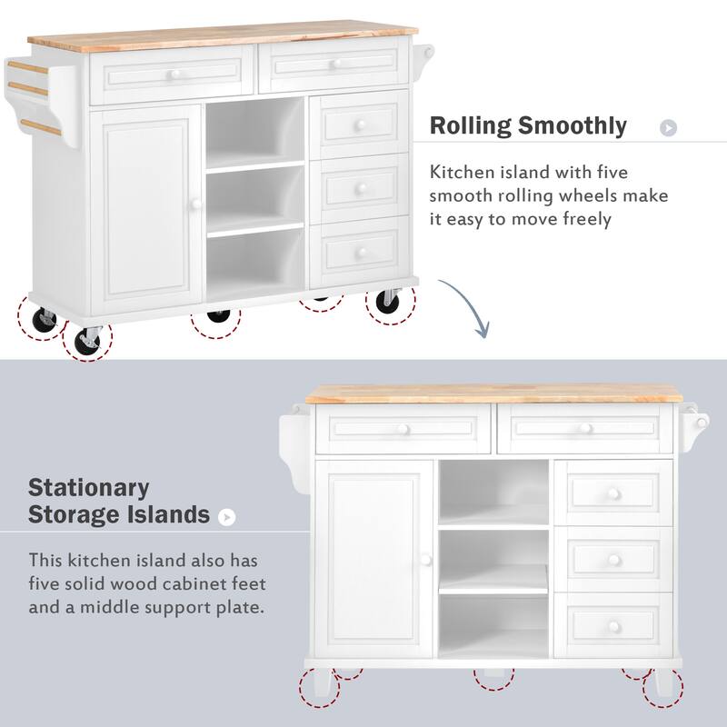 Roomfitters Kitchen Cart with Rubber wood Desktop - Rolling Mobile Kitchen Island with Storage and 5 Drawers, 53 Inch Length