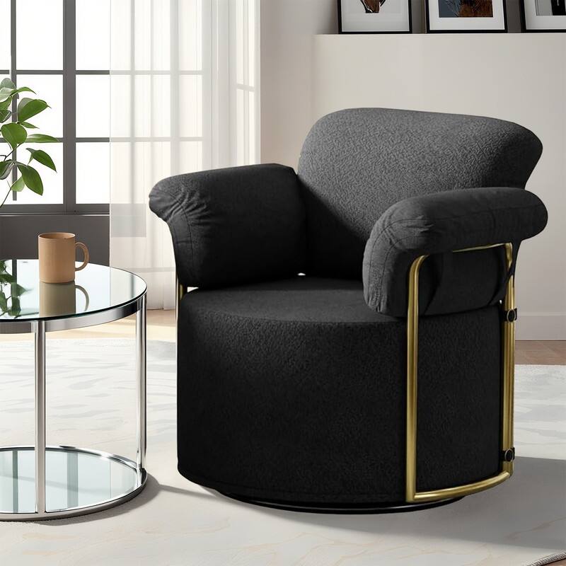 Modern Swivel Boucle Accent Chair Lounge Chair with Gold Metal Base - Black