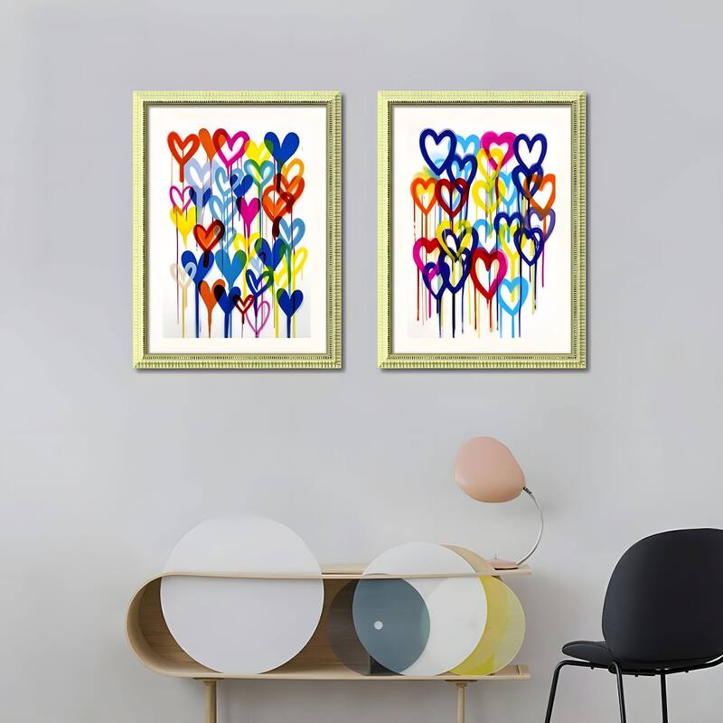Set of 2 Colorful Heart Graffiti Framed Wall Art - Replaceable Canvas Prints with Solid Wood Picture Frames - Blue+Red