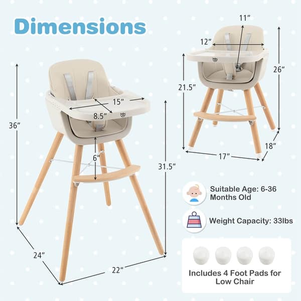 dimension image slide 1 of 5, Costway 3 in 1 Convertible Wooden High Chair Toddler Feeding Chair - See Details