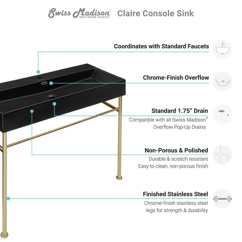 Claire 24 Ceramic Console Sink Matte Black Basin Gold Legs