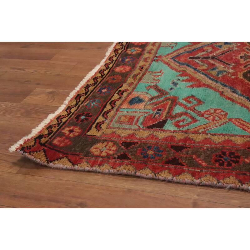 Hand Knotted Oriental 100% Wool Carpet Traditional Geometric Red Heriz Runner Rug - 10' 4'' X 3' 0''
