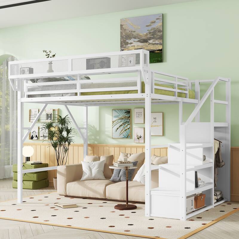 Queen Size Loft Bed with Stairs, Metal Queen Loft Bed with Storage Shelves, High Loft Bed with Wardrobe for Kids Teens Adults - White