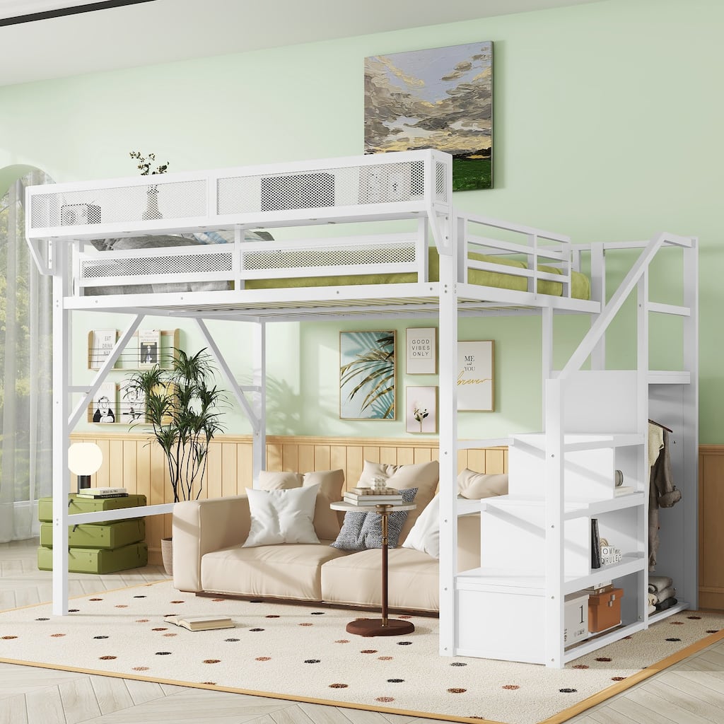 Queen Size Loft Bed with Stairs, Metal Queen Loft Bed with Storage Shelves, High Loft Bed with Wardrobe for Kids Teens