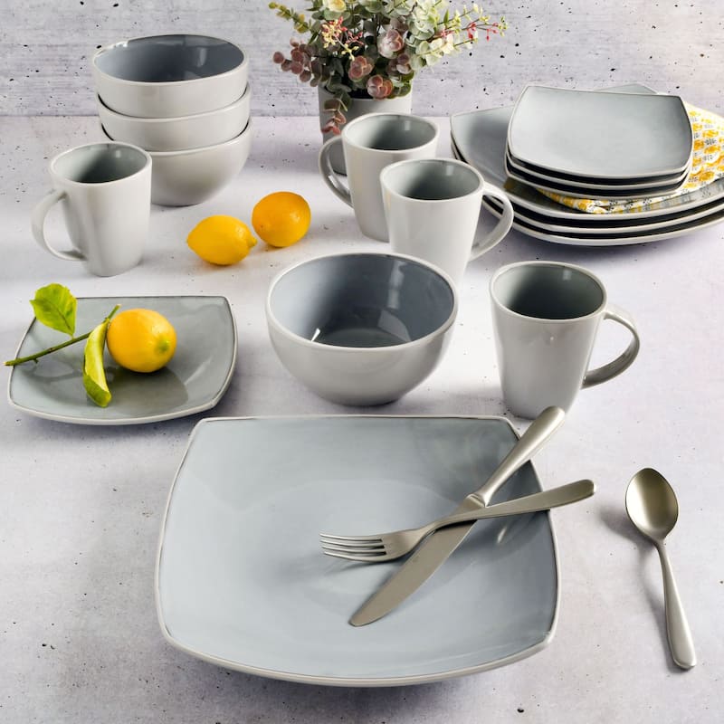 Gibson Soho Lounge Square 16-Piece Reactive Glaze Stoneware Dinnerware Set - Silver