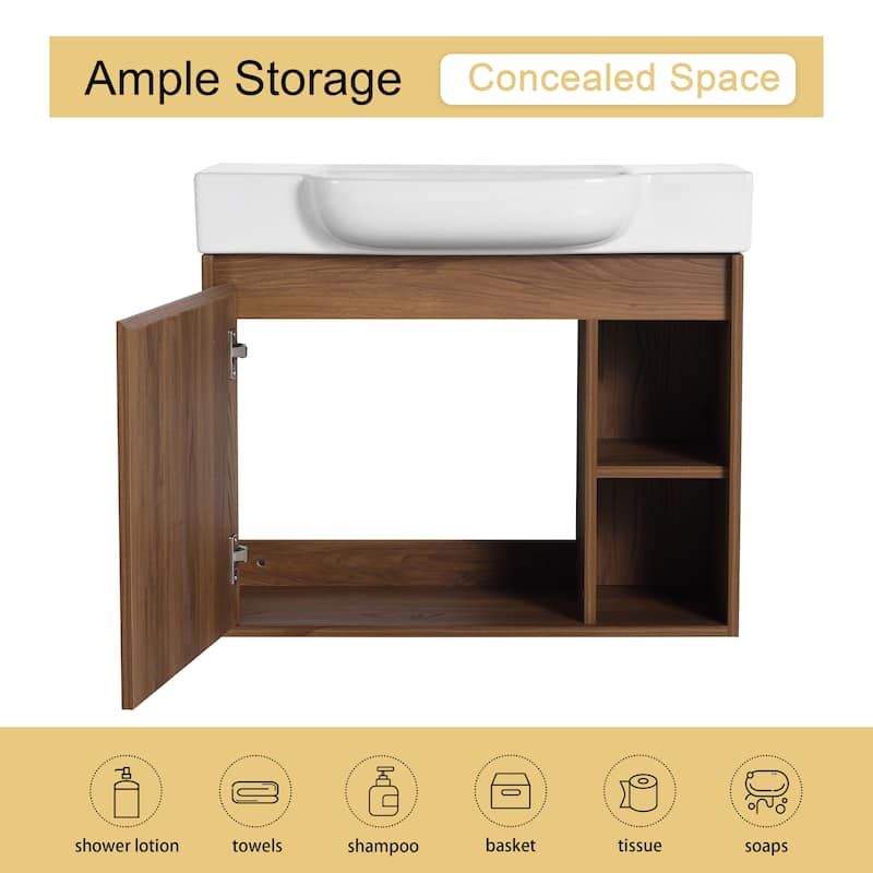 Malwee 24"/28" Floating Bathroom Vanity,Wall Mounted Bathroom Vanity with Ceramic Sink and Soft Close Door