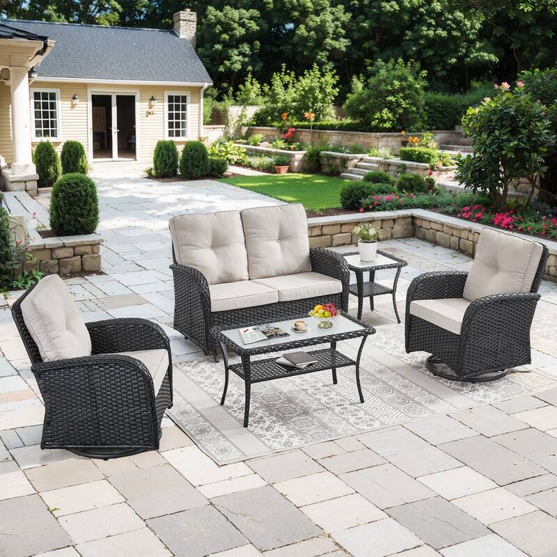 Outdoor Glider Loveseat Sofa with Swivel Chair Set - Black - Beige