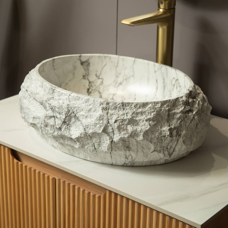 18" Bathroom Sink, Irregular Oval Resin Vessel Basin with Stone Pattern, Artistic Style Sink, NO Faucet