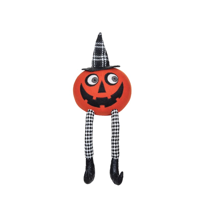 Dangle Leg Orange Pumpkin Face With Witch Hat Halloween Figurine