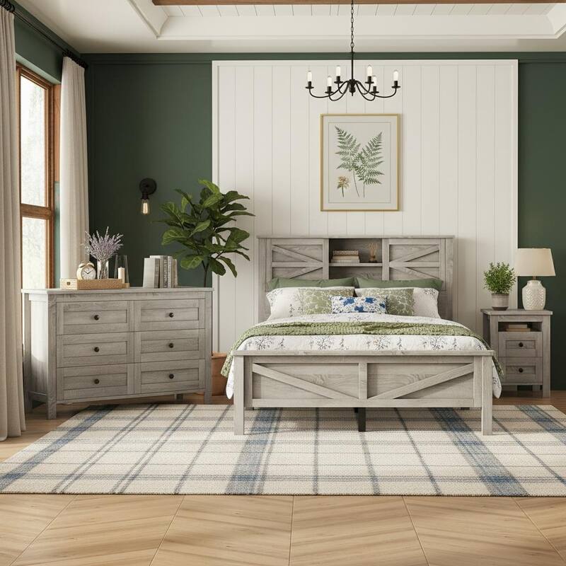 Farmhouse 3-Piece Bedroom Set with Sliding Storage Headboard & Charging Station by Harper&Bright Designs