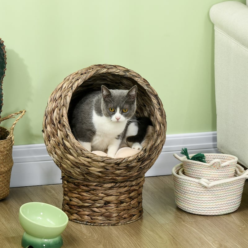 PawHut 20" Natural Braided Banana Leaf Elevated Cat Bed Basket with Cushion, Grey - Grey