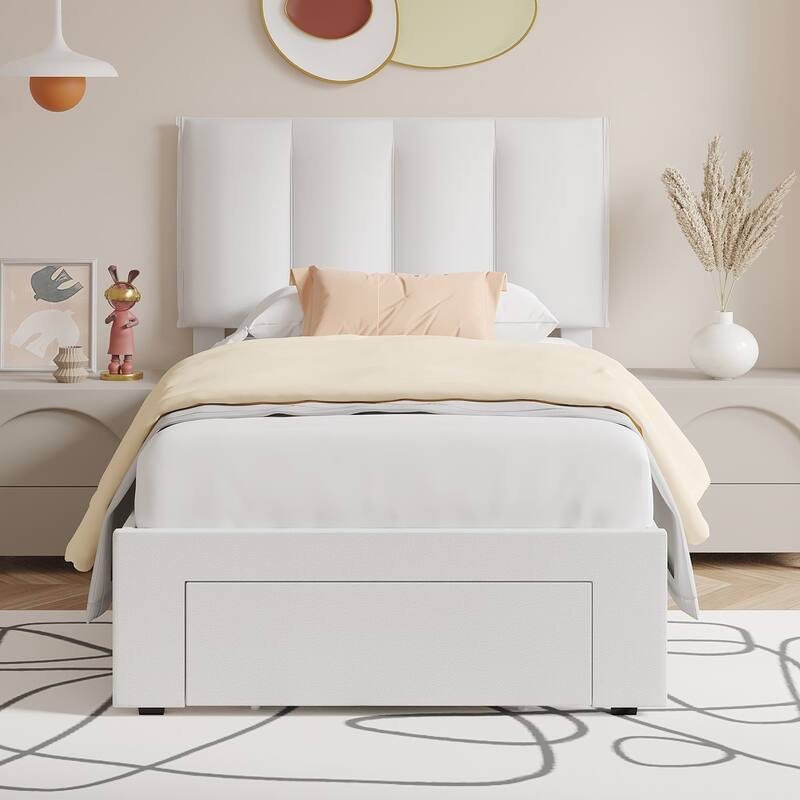 White Bed Frame with 4 Storage Drawers, Upholstered Platform Bed Frame with Adjustable Headboard