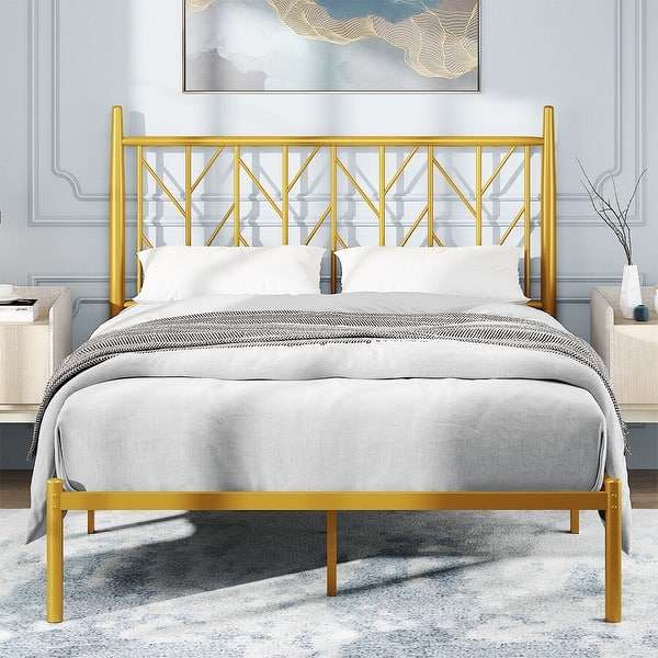 Queen Metal Bed Frame with Vintage Headboard Heavy Duty, Gold Bed