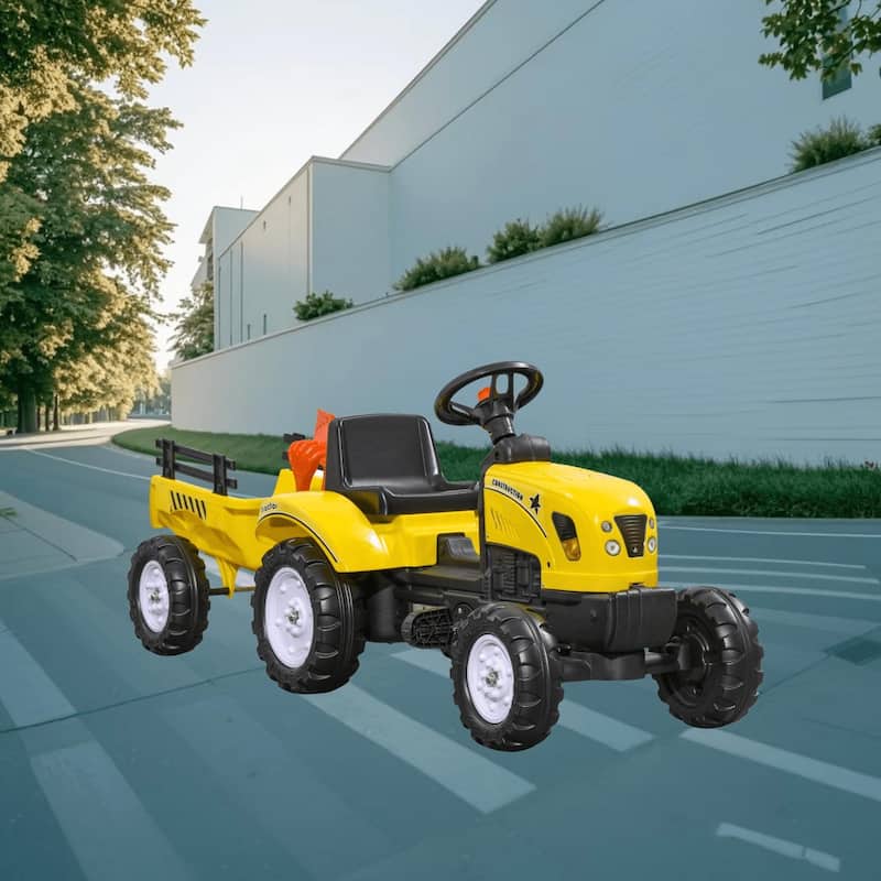 Ride-On Farm Tractor for Kids with Pedals, Rear Back Storage Trailer, Shovel and Rake, Horn, and Anti-Slip Wheels - Yellow