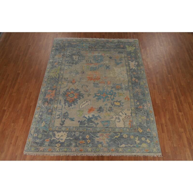 Oriental Beige Oushak Indian Area Rug Hand-Knotted Wool Carpet - 7'10" x 10'2"