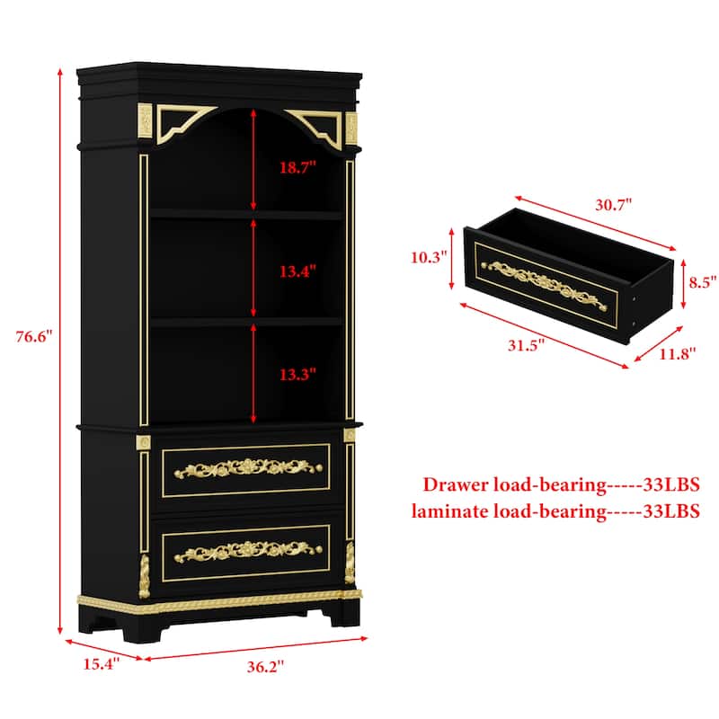 Black & Gold Display Cabinet with Shelves and Drawers, Elegant Glossy Bookcase for Living Room Storage