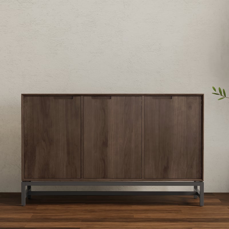 Simpli Home Banting SOLID HARDWOOD & Metal 58x18" Rectangle Modern 3 Door Sideboard Buffet - 18" D x 58" W x 36" H - Walnut Brown