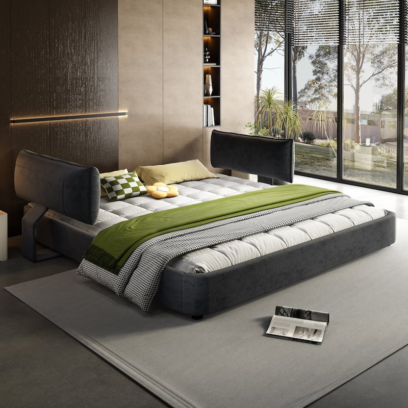 King Size Cloud Bed Frame with Oversized Padded Movable Headboard, Chenille Upholstered Bed with Round Corner