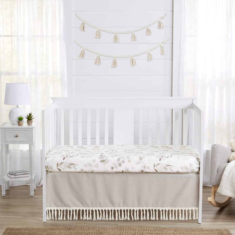 Boho Fringe Boy or Girl Crib Bed Skirt - Neutral Tan Taupe Linen Tassel Macrame for Bohemian Woodland Farmhouse Botanical Leaf